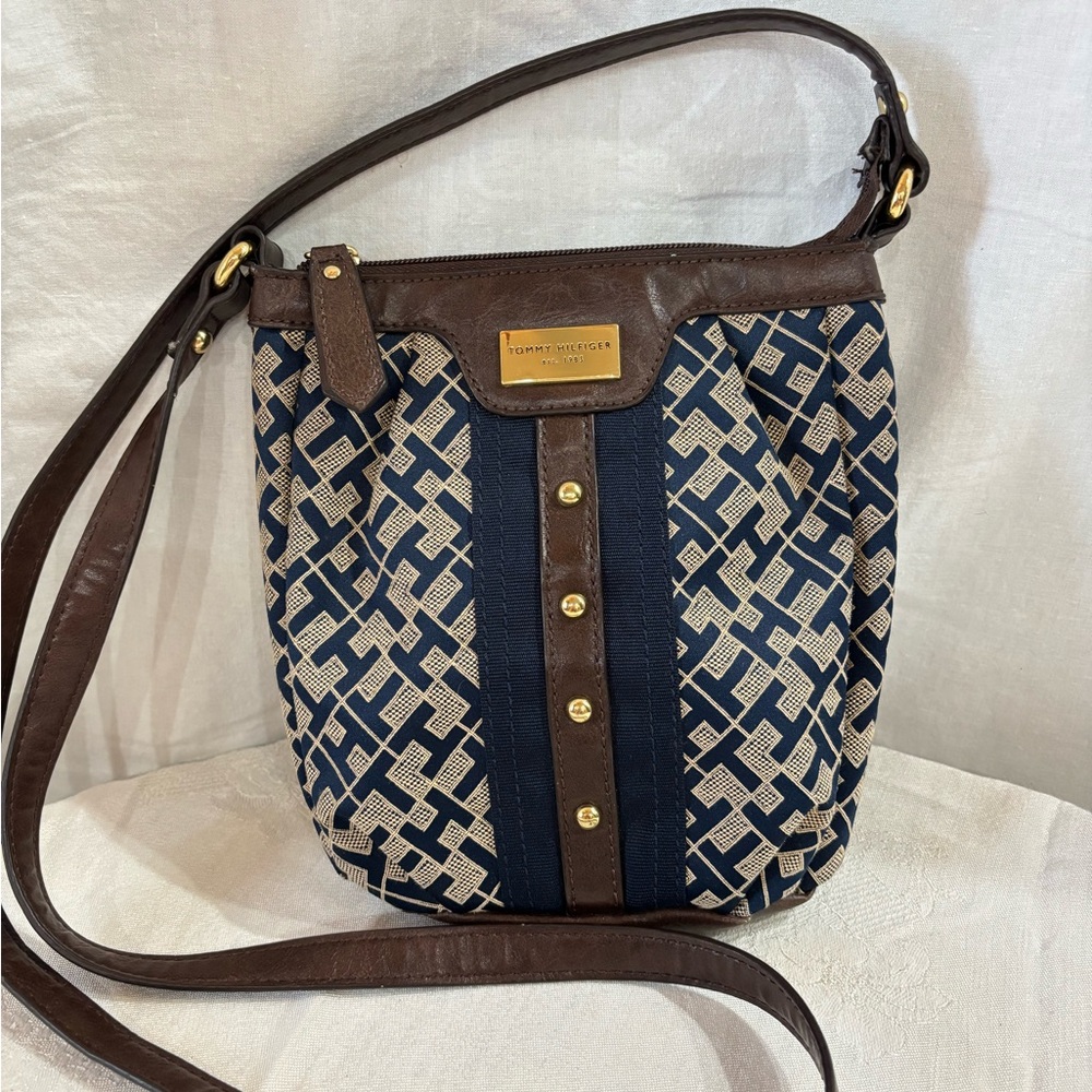 Tommy Hilfiger Navy and Brown Geometric Crossbody Bag